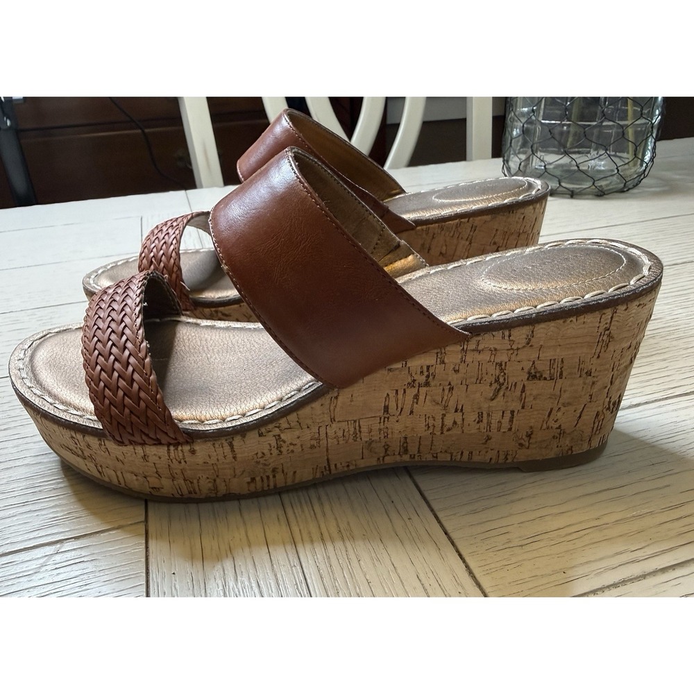 Lands End Della Mid Wedge Slide Sandals Cork Heel Braided Strap Brown 9 B Boho